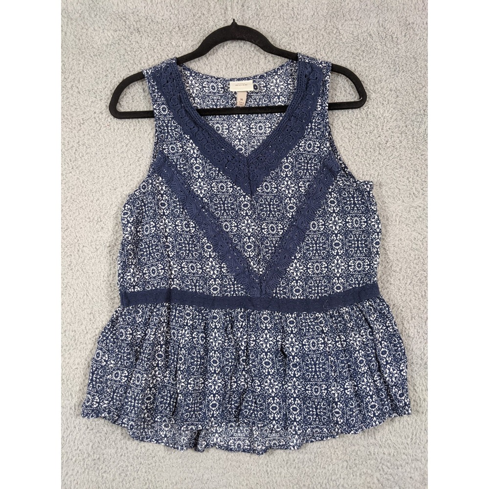 Knox Rose Tank Top Womens M Blue Floral Rayon Embroidered Lace V-Neck Boho-Chic